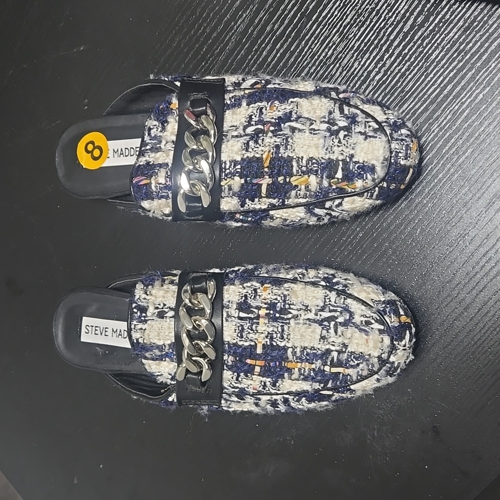 Steve Madden Rally Blue and White Tweed Mules Size 8